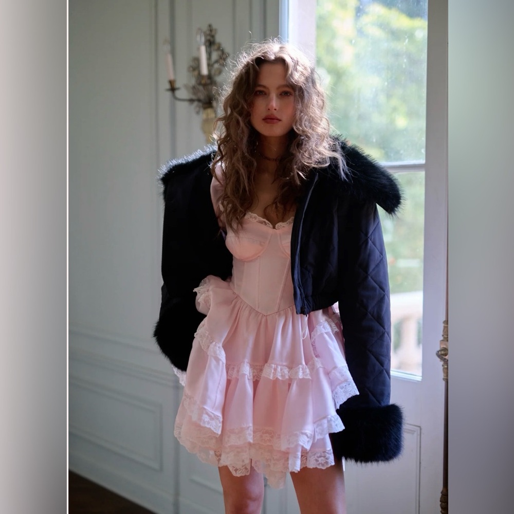 Selkie Black Coat Jacket with Faux Fur Trim Caviar